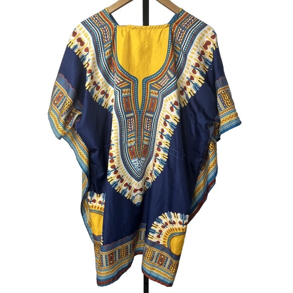 Kimono Cover Up Beach Pool Kaftan Mamta Blue Yellow Batik Caftan Plus Size Dress - Picture 2 of 4